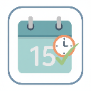 This is a small, stylized calendar with a clock and a subtle "Check" symbol