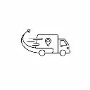 A sleek line art delivery truck with a slight arrow to signify motion and a small location pin