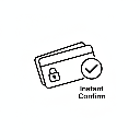 A simple line-art credit card with a tiny padlock and an "Instant Confirm" checkmark